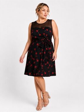 City Chic Molly Cherry Print Fit Flare Dress Sleeveless Black Red Size 22 XL NWT